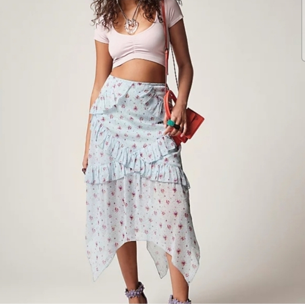 NWOT Urban Outfitters Boho Fairycore Blue Ditsy Floral Ruffle Asymmetrical Midi - Picture 1 of 4